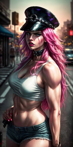 (best quality,4k,8k,highres,masterpiece:1.2),ultra-detailed,(realistic,photorealistic,photo-realistic:1.37), Poison Kiss,Street Fighter,pink long hair,cap,shorts,tank top,metallic claws,piercing glare,gritty urban setting,neon lights,fierce and intense,action-packed,stylish street fashion,dim color palette,strong contrasting shadows,photografic pose,poison (sf)