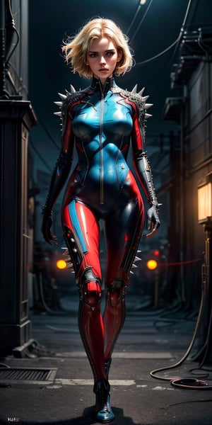 :3, spiky hair,  (red bodysuit:1.2), full body, closeup, neon color, science fiction, solo, cyberpunk city landscape, neon lights, volumetric lighting, beautiful blonde woman, large breasts, depth of field, glowing eyes,  , light depth, dramatic atmospheric lighting,, ,(masterpiece),(detailed),(intricate details),(realistic, photo-realistic:1.37),illustration,an extremely delicate and beautiful,8k wallpaper,absurdres,incredibly absurdres,ultra-detailed,highres,extremely detailed,, 