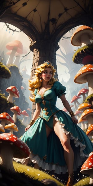 Generate a close-up, cinematic, and ultra-detailed photograph of a woman dressed as Princess Peach, portrayed in a powerful stance amidst the Mushroom Kingdom's Giant Mushroom area. The giant mushrooms should be subtly present in the soft-focused background, providing a whimsical yet majestic atmosphere. Keywords for enhancement: 'intimate', 'bold', 'heroic', and 'detailed'. Capture Princess Peach's essence with a personal touch, making her the centerpiece of this enchanting scene. Blonde hair.     