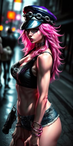 (best quality,4k,8k,highres,masterpiece:1.2),ultra-detailed,(realistic,photorealistic,photo-realistic:1.37), Poison Kiss,Street Fighter,pink long hair,cap,shorts,tank top,metallic claws,piercing glare,gritty urban setting,neon lights,fierce and intense,action-packed,stylish street fashion,dim color palette,strong contrasting shadows,photografic pose,poison (sf)