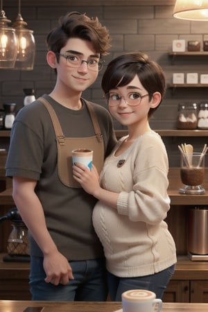 photorealistic:1.37, masterpiece, best quality, raw photo, absurdres, uhd,intricate detail, detailed background, detailed skin, pore, highres, hdr,top body shot,1boy and 1 girl,(sweet smile and cute couples baristas working in cafe brewing coffee),(glasses),
,cartoon ,real,panda sweaters,(chubby medium short hair cute face girl:1.4),(skinny tall cute face boy:1.4),boy hand on girl shoulder,