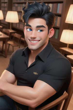 cartoon Generate a professional wide-angle half-length portrait photo of a man with an athletic build, shirtless, detailed light blue eyes, Latino features, straight black hair, no facial hair, face without acne, perfect teeth, smiling, backlit, fashion photography, focused, symmetrical, sitting in a chair, in a library.
wide-angle half-body professional portrait photo of a man with athletic build, black shirt, detailed blue eyes, Latin features, straight black hair, no facial hair, acne-free face, perfect teeth, smiling, backlit, fashion photography, centered, symmetrical, hasselblad helios 44-2 58mm F2, by Annie Leibovitz and Ellen von Unwerth,
