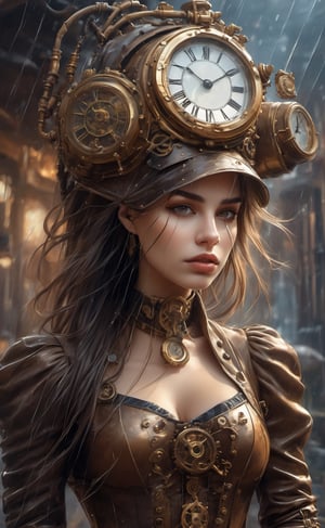 olpntng style, high quality steampunk portrait of the woman called Goddess Time with a clock for a head played by Sam Elliott, clock goggles, amazing background, by tomasz alen kopera and peter mohrbacher, dripping sparks, rain, sharp focus, clear, vibrant, denoised, intricately detailed, amazing clock, 8k, steampunk clock render engine, oil painting, heavy strokes, paint dripping,HZ Steampunk,dashataran,3d style