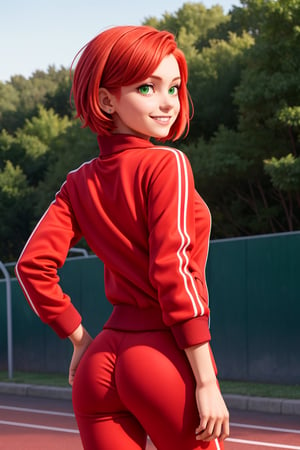 (masterpiece), (best quality), 1girl, red_hair, short hair, bob hair, green eyes, curvy, muscular, looking at viewer, looking back, smiling, ((red track jacket)), ((red track pants)), gym teacher, school outdoors background