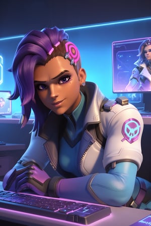 score_9, score_8_up, score_7_up, 1girl, sombra, overwatch, sombraow2, purple hair, asymmetrical hair, dark skinned female, looking at viewer, earrings, jacket, bodysuit, gloves, spandex, sitting, desktop, keyboard, monitors, neon lights, indoors, sombra (overwatch)