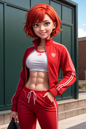 (masterpiece), (best quality), 1girl, red_hair, short hair, green eyes, curvy, muscular, looking at viewer, smiling, red track jacket, ((red track pants)), gym teacher, school outdoors background