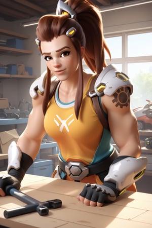 score_9, score_8_up, score_7_up, 1girl, brigitte, overwatch, brown hair, ponytail, hair pulled back, brown eyes, freckles, looking at viewer, armor, workshop, indoors