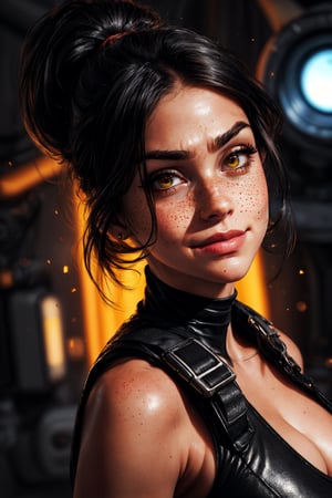 1 girl, realistic, sharp, ponytail, (masterpiece 1.2), (Max quality 1.2), (4K high_resolution), (highly_detailed face), beautiful hazel eyes, (low angle, shot from below, smug sexy smile), freckles, futuristic, (light_particles), ((frowning, black hair):1.2), room with futuristic machines in background, sleeveless tight_around_the_body {black|red} futuristic clothes, cleavage, harness straps, ((highly_detailed_skin):1.5), perfecteyes, SAM YANG