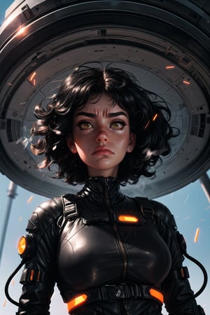 1 girl, realistic, big breasts, sharp, (masterpiece 1.2), (Max quality 1.2), (4K high_resolution), (highly_detailed face), beautiful hazel eyes, (low angle, shot from below), freckles, light shining through hair, futuristic, (light_particles), ((frowning, black hair blowing, standing):1.2), futuristic machines in background, tight_around_the_body futuristic clothes, harness straps, neon, ((highly_detailed_skin):1.5), perfecteyes, SAM YANG