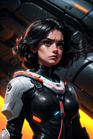 1 girl, realistic, big breasts, sharp, (masterpiece 1.2), (Max quality 1.2), (4K high_resolution), (highly_detailed face), beautiful hazel eyes, (low angle, shot from below), freckles, light shining through hair, futuristic, (light_particles), ((frowning, black hair blowing, standing):1.2), futuristic machines in background, tight_around_the_body futuristic clothes, harness straps, neon, ((highly_detailed_skin):1.5), perfecteyes, SAM YANG