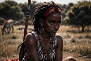 (masterpiece), beautiful eyes, (((dark_skin))), detailed eyes, (highly_detailed_skin):1.5)), ((sitting on ground, looking_away):1.2), open_legs, Freckles, beautiful face, (angry) native_african_girl with shaved_hair wearing ((native_clothes)) and (red_headband), detailed clothes, ornaments, earings, necklace, bracelets, (((upper arm jewellery))), scar on face, daytime, outdoors, dirty, rustic, african savanah, ceremonial spear on the ground, zebra roaming in background, perfecteyes