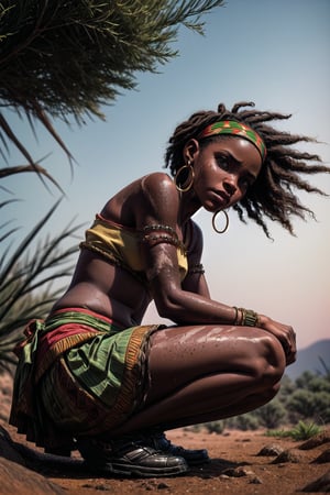 masterpiece, perfect anatomy, (low angle), ((shot from below)), short_hair, 1girl, ((beautiful African woman crouching on dirt):1.2),  ((highly_detailed_skin):1.5), angry frowning african hunteress wearing animmal_skin and tribal_skirt and (red_headband) (looking up), belly button, ornaments, dreadlocks, hoop_earrings, ((arm_bracelet)), daytime, outdoors, rocks, bush, dry african savannah in background, perfecteyes