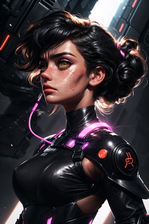 1 girl, realistic, big breasts, sharp, (masterpiece 1.2), (Max quality 1.2), (4K high_resolution), (highly_detailed face), beautiful hazel eyes, (low angle, shot from below), freckles, light shining through hair, futuristic, (light_particles), ((frowning, black hair blowing, standing):1.2), futuristic machines in background, tight_around_the_body futuristic clothes, harness straps, neon, ((highly_detailed_skin):1.5), perfecteyes, SAM YANG