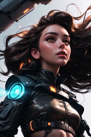 1 girl, realistic, sharp, (masterpiece 1.2), (Max quality 1.2), (4K high_resolution), (highly_detailed face), dark eyes, perfect face, beautiful brown eyes, (low angle, shot from below), lit face, light shining through hair futuristic, (light_particles), ((woman hair blowing, looking up):1.2), futuristic machines in background, tight_around_the_body futuristic clothes, belly button, harness straps, neon, ((highly_detailed_skin):1.5), perfecteyes,SAM YANG