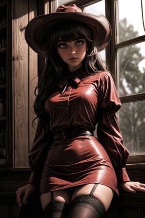 30yo woman with very_small_breasts wearing ((black_cowboy_hat)) (long_sleeve red_summer_dress) sitting on a stool in a saloon, garter_strap, black_kneehighs, bow, black_eyes, bangs, full sharp, detailed eyes, , beautiful eyes, perfecteyes, beautiful face, (high Detailed skin:1.2), daytime, soft_lighting, indoors, dirty dry rustic old wild_west, window