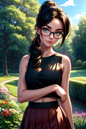 (best quality: 1.2), (masterpiece: 1.2), (realistic: 1.2), a young modern woman wearing a black t-shirt, (red skirt: 1.3), sleeveless, 35 y.o, modern glasses, thin and defined eyebrows, long ponytail black hair over their shoulders, delicate featured face, closed mouth, very small breasts size, a broad, well-defined forehead, light green eyes, cute big circular reflective eyes, relaxed, confident, slightly inclined shoulders, tatooed left arm, front of viewer, in a romantic garden setting, surrounded by flowers, tall trees, green grass, blue sky, daylight, illuminated, on eye level, scenic, masterpiece