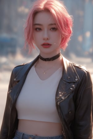 Grunge style 23 year old emo girl,short blonde hair,pink hair,mohawk hairdo,choker,chains,red leather pants,white denim jacket,, HDR image,true to life image,soft eyes,natural skin,high detailed face,high detailed cloth,film photography,cinematic lighting,sharp focus,(very detailed),((4K HQ)),depth of field,8K,HDR,High contrast,shadows,bokeh,(detailed skin texture),(detailed clothing),(detailed background),(highly detailed skin),realistic texture,realistic shadows . Textured, distressed, vintage, edgy, punk rock vibe, dirty, noisy,solo,1 girl,beauty,1 girl 