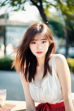 (RAW photo, highest quality), (realistic, Photoreal:1.3), table top, very delicate and beautiful, soft light, (brown hair, short hair swaying in the wind, bangs), beautiful detailed girl, (finger details), highly detailed eyes and face, beautifully detailed nose, detailed and beautiful eyes, 1 girl, Japanese, pure beauty, cute, young, silk collar shirt, long flare skirt, (Half body:1.3), (medium breasts), realistic face, realistic body, outdoors、between legs、panties、stain
