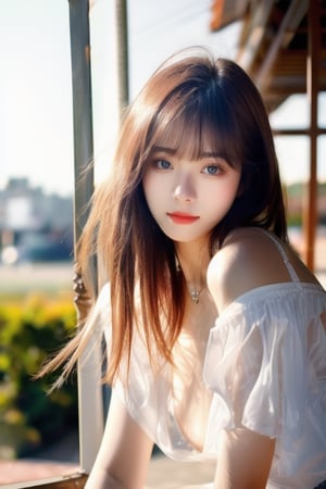 (RAW photo, highest quality), (realistic, Photoreal:1.3), table top, very delicate and beautiful, soft light, (brown hair, short hair swaying in the wind, bangs), beautiful detailed girl, (finger details), highly detailed eyes and face, beautifully detailed nose, detailed and beautiful eyes, 1 girl, Japanese, pure beauty, cute, young, silk collar shirt, long flare skirt, (Half body:1.3), (medium breasts), realistic face, realistic body, outdoors、between legs、panties、stain
