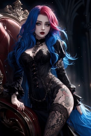 photorealistic,cute girl,high resolution,wallpaper, soft light,red eye,1women, solo, hips up, shining skin, (detailed face),tattoo,dark, jewelry, (rainbow color Hair,colorful hair,half blue and half red hair:1.2), sitting on black wing chair,vampire,on dark castle,from below,gothic style,gothic red cloack outfit,1 girl,