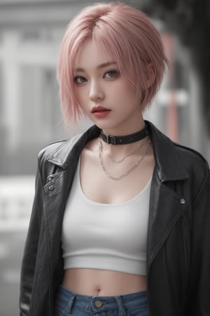 Grunge style 23 year old emo girl,short blonde hair,pink hair,mohawk hairdo,choker,chains,red leather pants,white denim jacket,, HDR image,true to life image,soft eyes,natural skin,high detailed face,high detailed cloth,film photography,cinematic lighting,sharp focus,(very detailed),((4K HQ)),depth of field,8K,HDR,High contrast,shadows,bokeh,(detailed skin texture),(detailed clothing),(detailed background),(highly detailed skin),realistic texture,realistic shadows . Textured, distressed, vintage, edgy, punk rock vibe, dirty, noisy,solo,1 girl,beauty,1 girl 