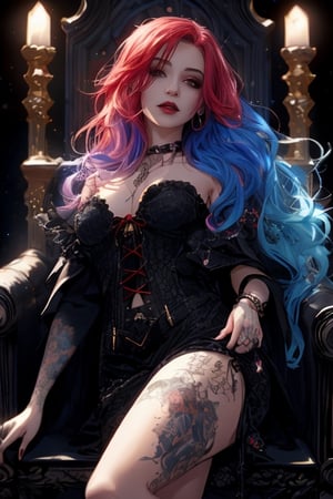 photorealistic,cute girl,high resolution,wallpaper, soft light,red eye,1women, solo, hips up, shining skin, (detailed face),tattoo,dark, jewelry, (rainbow color Hair,colorful hair,half blue and half red hair:1.2), sitting on black wing chair,vampire,on dark castle,from below,gothic style,gothic red cloack outfit,1 girl,