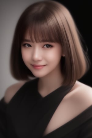 (((Absolutely shoulder-length brown straight short bob)))、(((She is posing like a hair salon model, with a black wall indoors as the background.)))、(((Casual black winter long sleeves with shoulders covered)))、Half Japanese, half Korean、18 year old girl、Standing Alone、Looking forward、Light eye makeup、Black Hair Color、Flat and 、Hair blowing in the wind、Actress Quality、Glossy, ultra-realistic face、Smiling face、Watery eyes、Gazing Up、Subtle lighting effects、 Ultra-Realistic Capture、Very detailed、High resolution 16K close up of human skin。Skin texture must be natural、The details must be such that pores can be clearly seen、The skin is healthy、Uniform tone、Use natural light and colors、A worn-out, high-quality photo taken by a model agency's in-house photographer.、smile、(((SIGMA 300 mm F/1.4,1/1000 sec shutter,ISO 400))),Korean,sitting on garden