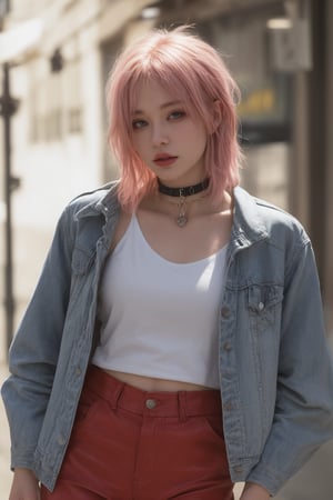 Grunge style 23 year old emo girl,short blonde hair,pink hair,mohawk hairdo,choker,chains,red leather pants,white denim jacket,, HDR image,true to life image,soft eyes,natural skin,high detailed face,high detailed cloth,film photography,cinematic lighting,sharp focus,(very detailed),((4K HQ)),depth of field,8K,HDR,High contrast,shadows,bokeh,(detailed skin texture),(detailed clothing),(detailed background),(highly detailed skin),realistic texture,realistic shadows . Textured, distressed, vintage, edgy, punk rock vibe, dirty, noisy,solo,1 girl,beauty,1 girl 