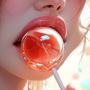 a beautiful female licking a blow pop in extreme closeup