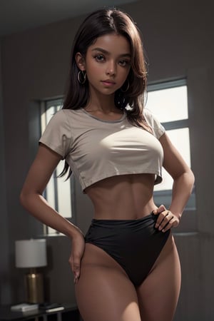 (1girl), (white crop-top t-shirt), ((large Breasts)), ((slim, skinny waist:1.2)), ((wide hips:1.6)), (grey backdrop), ((dark tan skin:1.5)), (long hair), dutch angle, low camera angle, masterpiece, best quality, realistic, ultra highres, depth of field, (detailed face:1.2), (detailed eyes:1.2), (masterpiece:1.2), (ultra-detailed), (best quality), intricate, comprehensive cinematic, photography, (gradients), colorful, visual key, backlit