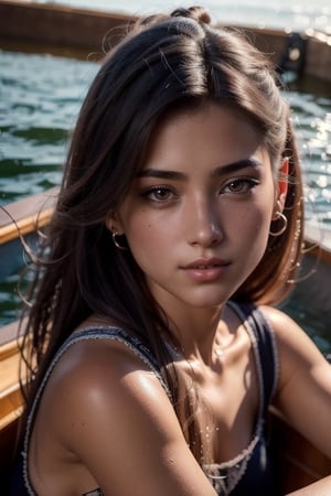 A photorealistic stunningly beautiful persian 16 year old girl, wearing a cropped t-shirt, leggings, large breasts, seductive smile, in a motor boat on a lake, sat facing camera, knees apart, full body, 6 meters from camera, long winy hair, grey eyes, extremely detailed eyes, realistic eyeballs, detailed symmetrical, realistic face, symmetrical eyeballs, small eyeballs, natural skin texture, extremely detailed skin, with skin pores, peach fuzz, masterpiece, photorealistic, best quality, raw photo, detailed facial features, dynamic pose, hyper detailed, fine detail, intricate detail, character focus, dynamic lighting, detailed skin, pore, 8K, uHD,
