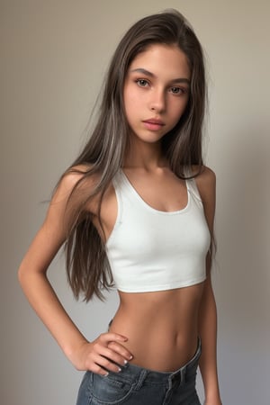 16 year old model, brown eyes, full lips with lip gloss, thin face with a touch of silver glitter, long brown hair, wide hips, skinny waist, wearing a white tank top