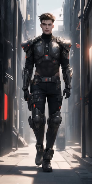 (world class quality, 128k UHD, highres, masterpiece:1.2), an intriguing and mesmerizing full body portrait of a handsome young man in a cyberpunk reality city, wearing super advanced technology armor, mixed with cyberpunk background 