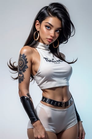 1girl, solo, looking at viewer, black hair, tanned skin, blue_eyes, post apocalyptic outfit, dessert themed outfit, jewelry, earrings, tattoo, white background, white pastel  theme