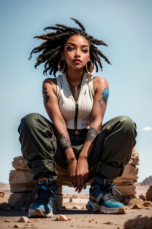 1girl, solo, full body, looking at viewer, sitting on R2 robot, black hair, tanned skin, blue_eyes, post apocalyptic outfit, tattered outfit,loose khaki pants, jewelry, earrings, tattoo, white background, white pastel  theme, ,a map of a desert area with rocks,Illustration