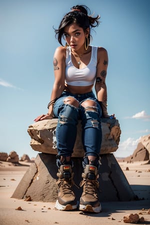 1girl, solo, full body, looking at viewer, sitting on R2 robot, black hair, tanned skin, blue_eyes, post apocalyptic outfit, tattered outfit,loose khaki pants, jewelry, earrings, tattoo, white background, white pastel  theme, ,a map of a desert area with rocks,Illustration