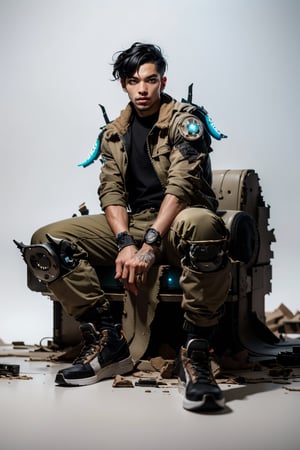 1man, solo, full body, looking at viewer, sitting on a ruined robot, black hair, tanned skin, black_eyes, post apocalyptic outfit, patches of cyberpunk armor, tattered outfit,loose khaki pants, combat shoes, dragon tattoo, white background, white pastel  theme, ruined robot,Illustration
