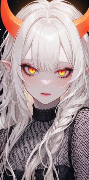 1 girl, albino demon girl with lethargic sleepy smokey eyes,(white dreadlocks hair),((slit pupil eyes)),mesh fishnet blouse, (long intricate horns:1.2) ,colorful