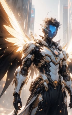 (world class quality, 128k UHD, highres, masterpiece:1.2), (Use dynamic pose), (Use dynamic camera angle view), an intriguing and mesmerizing portrait of a handsome cyberpunk young man from another galaxy, wearing cyberpunk Egyptian outfit, spreading his huge wings on his back, holding an eternal flame on one hand, glittery mist, mixed with Desertpunk background ,wrenchsmechs,glowing, <your_color> mecha
