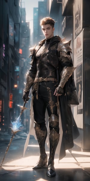 (world class quality, 128k UHD, highres, masterpiece:1.2), an intriguing and mesmerizing full body portrait of a handsome young man in a cyberpunk reality city, wearing a shinny full plated armor, holding a Wizard Staff, emanating mana, embers are everywhere, mixed with cyberpunk background 