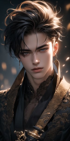 (world class quality, 128k UHD, highres, masterpiece:1.2), an intriguing and mesmerizing portrait of a handsome young man, wearing a eastern fantasy like outfit, holding a katana blade, mixed with cyberpunk background 
