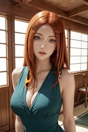 , uzumaki_kushina, large_breasts, standing, solo, kushina_green_dress, masterpiece, best quality, detailed face, detailed eyes, highres,