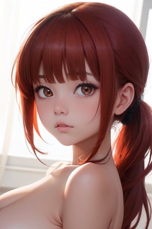 best quality, masterpiece, high resolution, (loli:1.2), 1 girl, (low:1.4) ponytail + sanger red hair + long hair + classic bangs, huge boobs, slim waist, (brown eyes:1.1) + eyes round, ((pretty face) + soft_beautiful_face), (pale skin: 0.8), wide shot, far shot, naked, completely naked