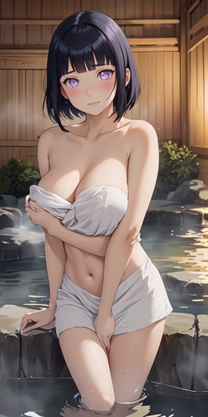 1girl, hyuuga_hinata, breasts, onsen, solo, towel, blush, large_breasts, black_hair, short_hair, white_eyes, bangs, covered_navel, night, nude_cover, cleavage, looking_at_viewer, blunt_bangs, outdoors, naked_towel, night_sky, sky, collarbone, closed_mouth, star_(sky), covering, steam, watermark, purple_eyes, no_pupils