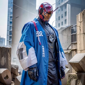 Marvel Iron Man, Tony Stark, battle mech,cyborg, robot BREAK Shinsengumi Haori samurai BREAK wearing (robe:1.2) cape, heavily armored cyber helmet,sci-fi weapons,corporate logos, city in background, fcPortrait