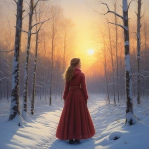 masterpiece, detailed, girl, winter forest, snow, sunset,Gric