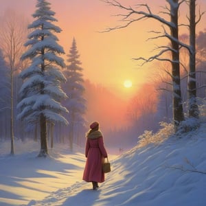 masterpiece, detailed, girl, winter forest, snow, sunset,FieldSauce