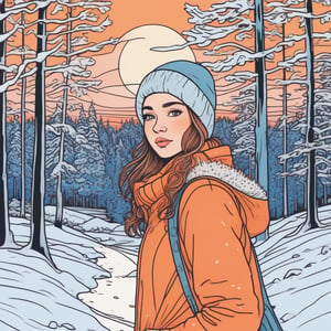 masterpiece, detailed, girl, winter forest, snow, sunset,bold line