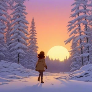 masterpiece, detailed, girl, winter forest, snow, sunset,a frame of a animated film of