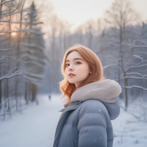 masterpiece, detailed, girl, winter forest, snow, sunset,apollo_style